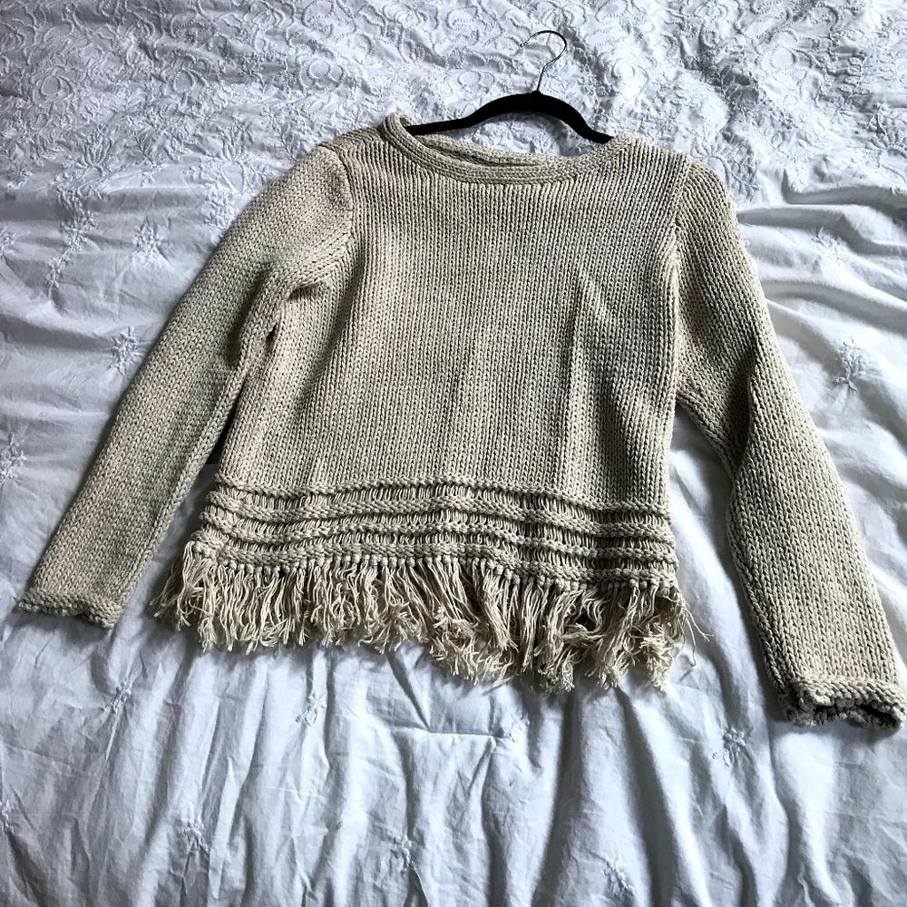 LOFT Beige/Tan Fringe Sweater Sz M - Picture 2 of 4